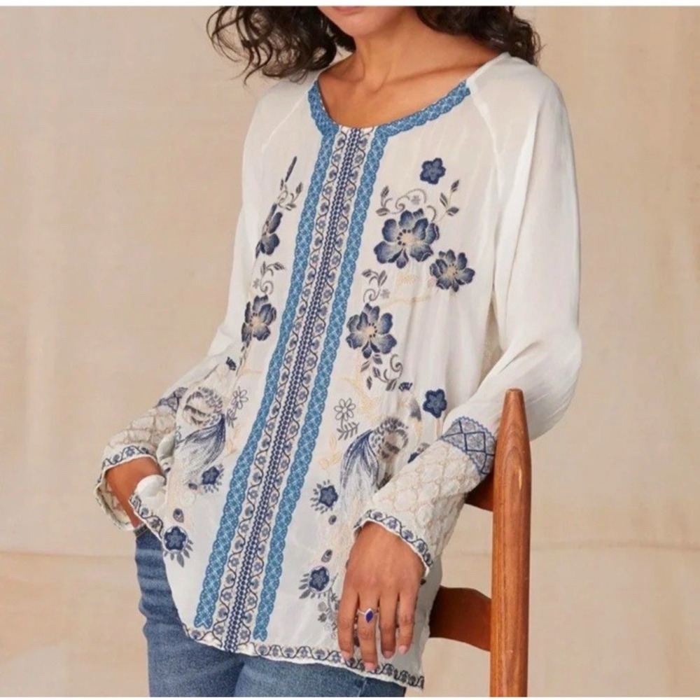 Johnny Was Size XL Embroidered L/S Floral Lauren Blouse White Multi Bohemian